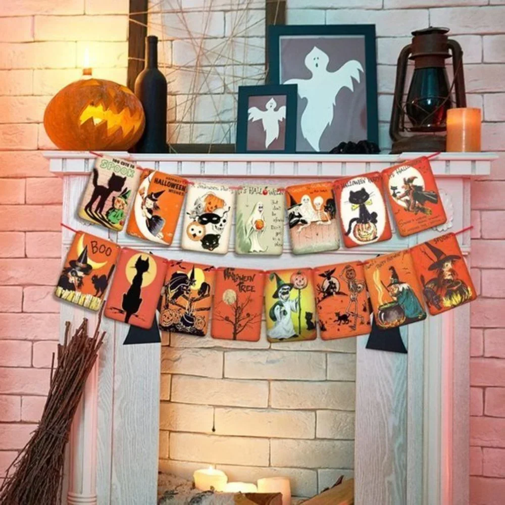 Halloween Pumpkin Flag Victorian Style Cats Witch Ghost Party Garland Decoration